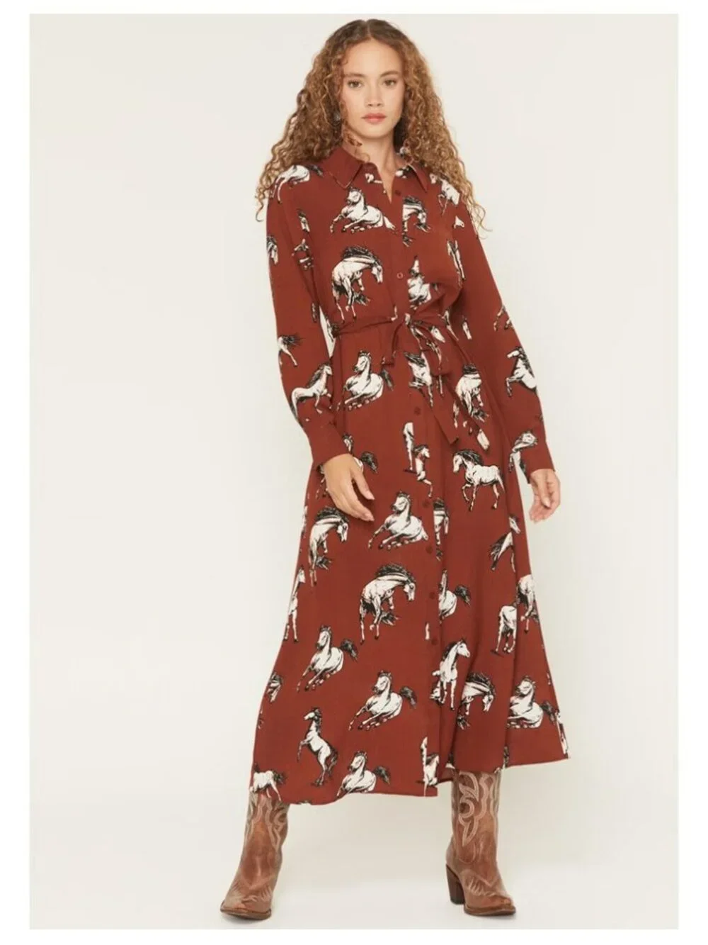 Cotton & Rye Brown White Horse Print Waist Tie Midi Dress Sz L